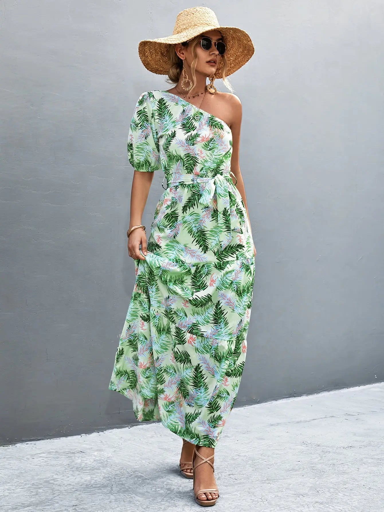 Printed Tie Waist One Shoulder Maxi Dress - Dress - Light Green - Bella Bourget