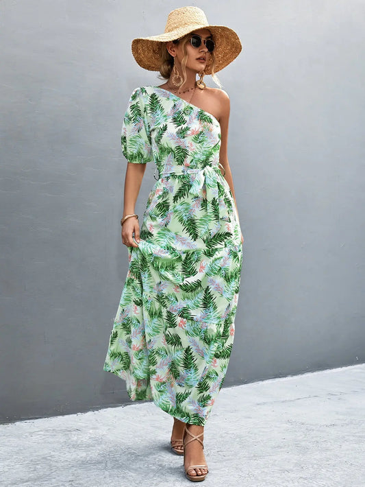 Printed Tie Waist One Shoulder Maxi Dress - Dress - Light Green - Bella Bourget