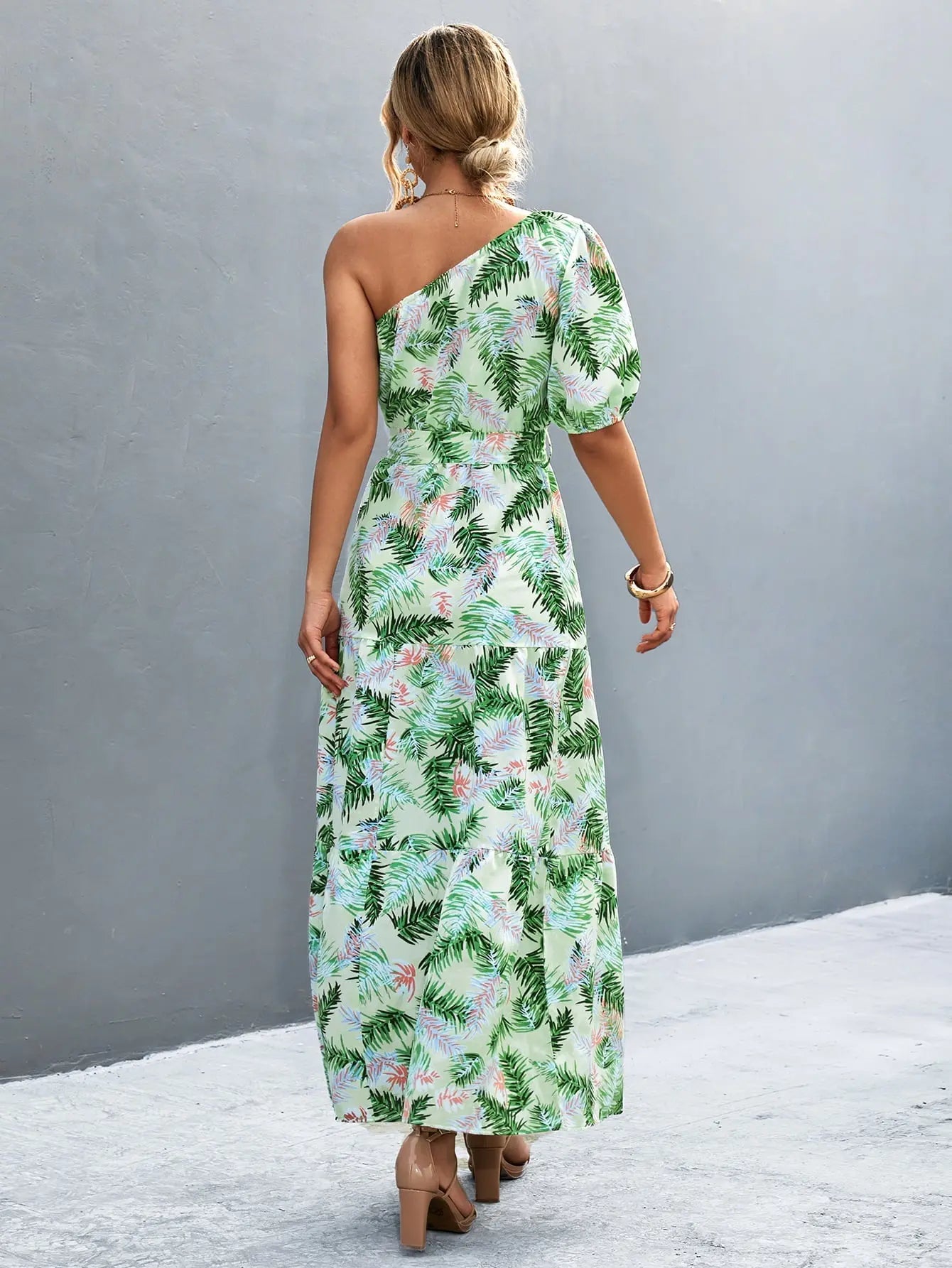 Printed Tie Waist One Shoulder Maxi Dress - Dress - Light Green - Bella Bourget