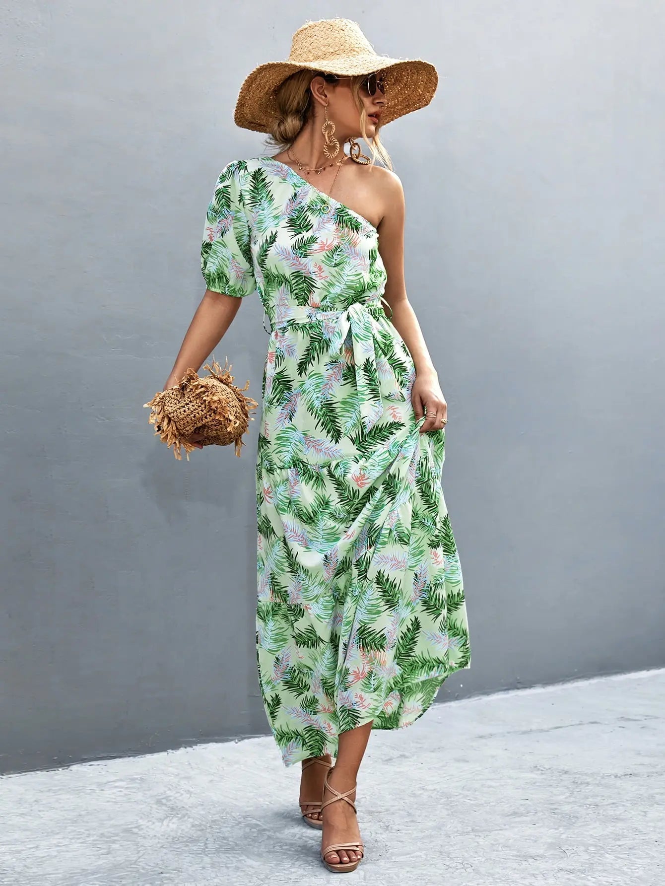 Printed Tie Waist One Shoulder Maxi Dress - Dress - Light Green - Bella Bourget