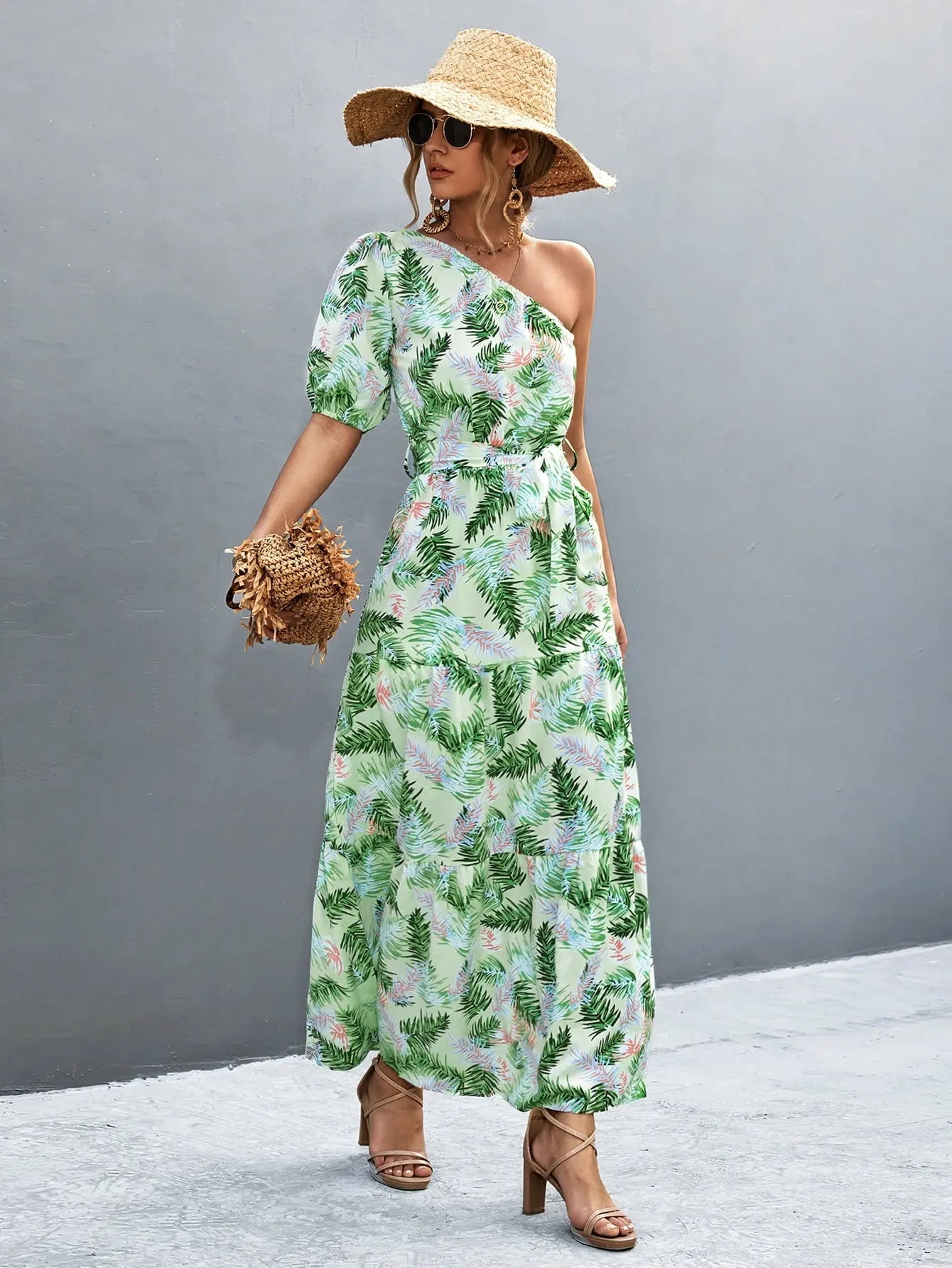 Printed Tie Waist One Shoulder Maxi Dress - Dress - Light Green - Bella Bourget