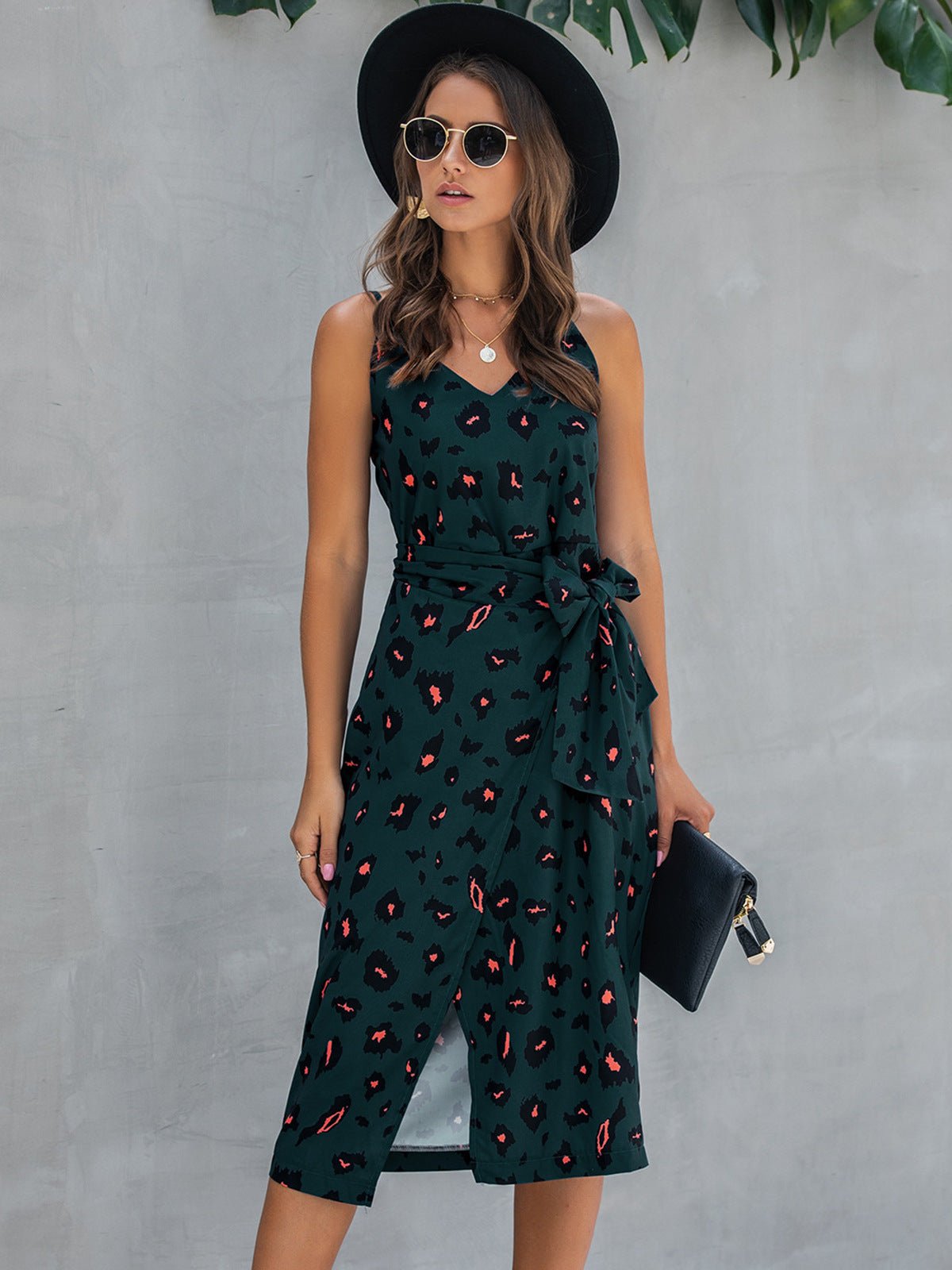 Printed Tie - Waist Spaghetti Strap Dress - Dress - Black Forest - Bella Bourget