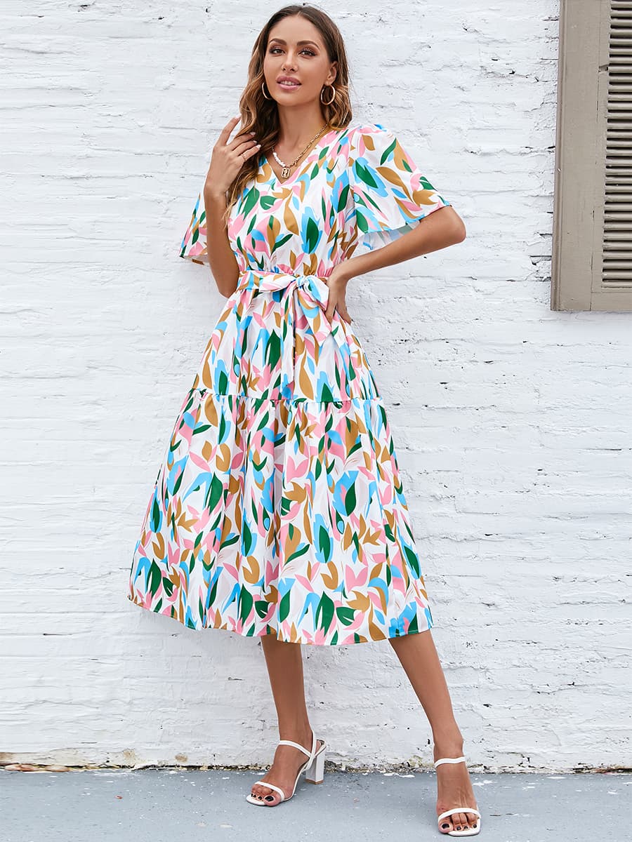 Printed Tie - Waist V - Neck Flutter Sleeve Dress - Dress - Multicolor - Bella Bourget