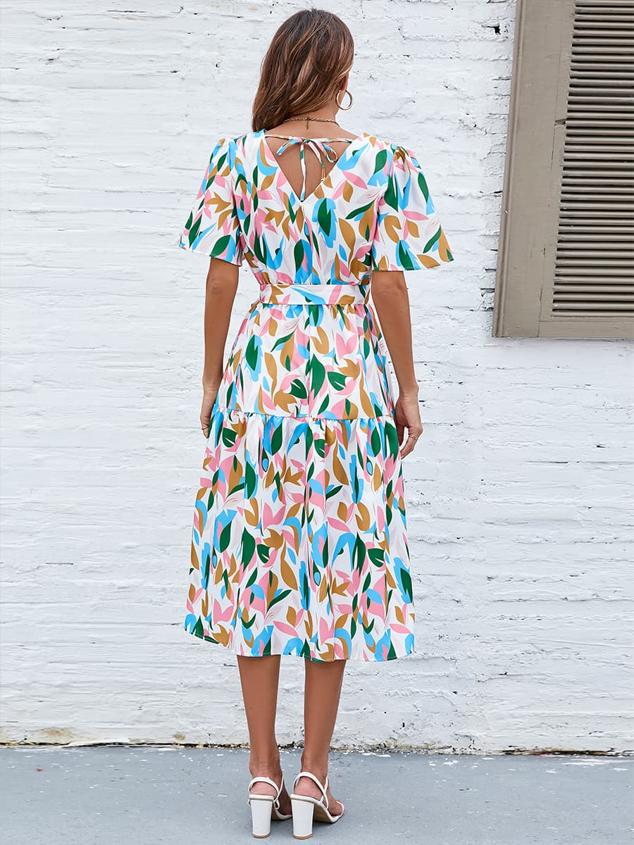 Printed Tie - Waist V - Neck Flutter Sleeve Dress - Dress - Multicolor - Bella Bourget