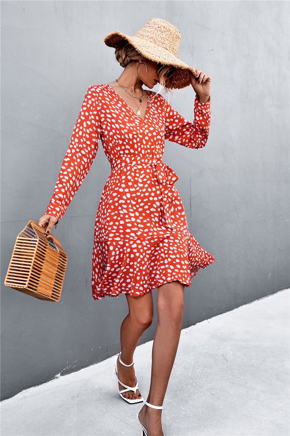 Printed V - Neck Tie Belt Ruffle Hem Mini Dress - Dress - Orange - Bella Bourget