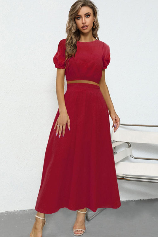 Puff Sleeve Crop Top and Maxi Skirt Set - Two - Piece Set - Deep Red - Bella Bourget