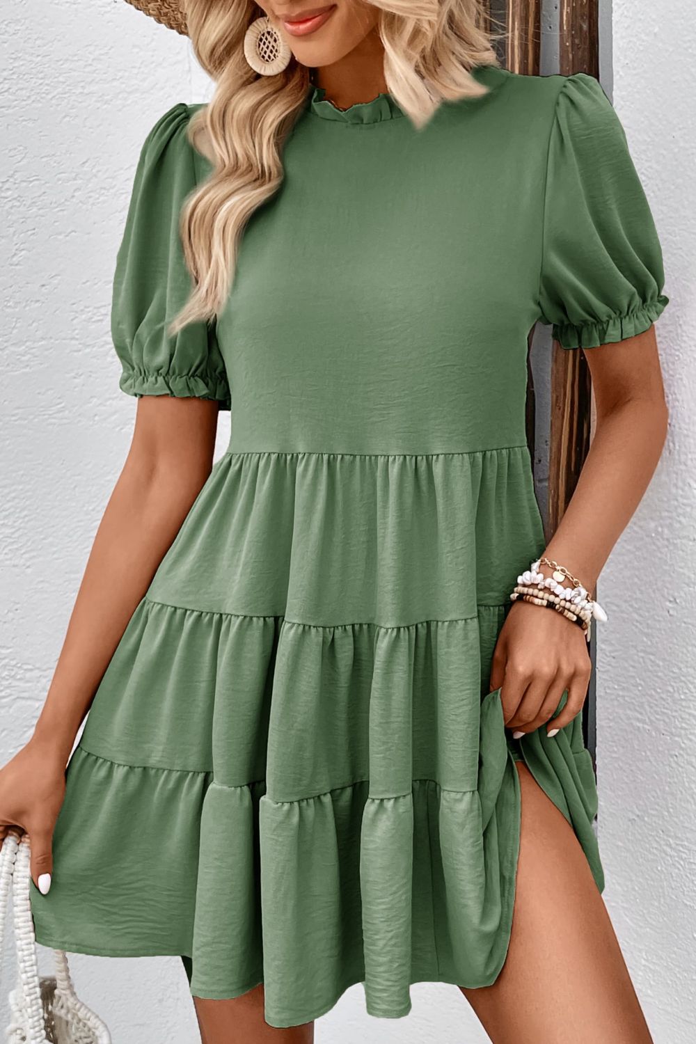 Puff Sleeve Tie Back Tiered Dress - Dress - Moss - Bella Bourget