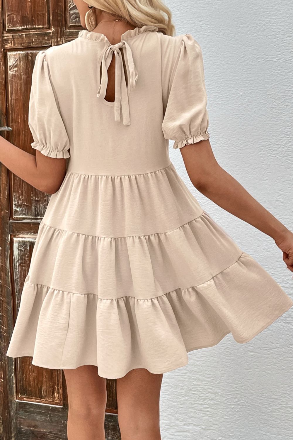 Puff Sleeve Tie Back Tiered Dress - Dress - Beige - Bella Bourget