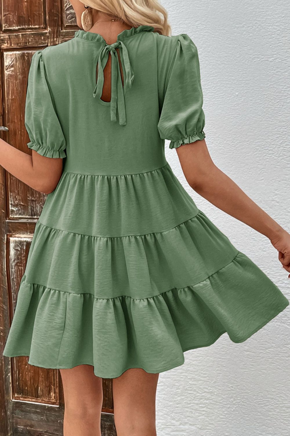 Puff Sleeve Tie Back Tiered Dress - Dress - Moss - Bella Bourget