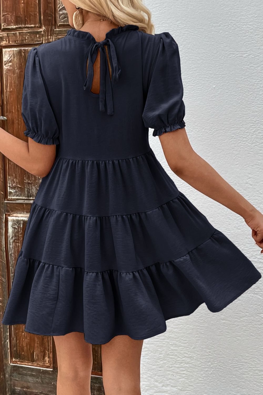 Puff Sleeve Tie Back Tiered Dress - Dress - Dark Navy - Bella Bourget