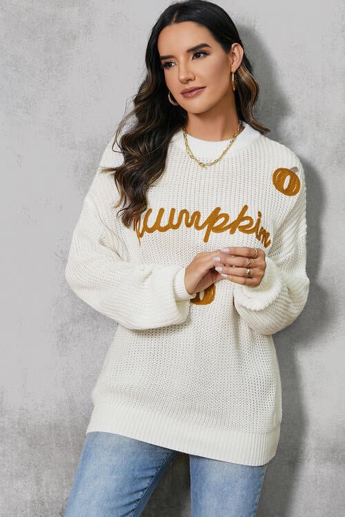 Pumpkin Embroidery Long Sleeve Sweater - Sweater - White - Bella Bourget