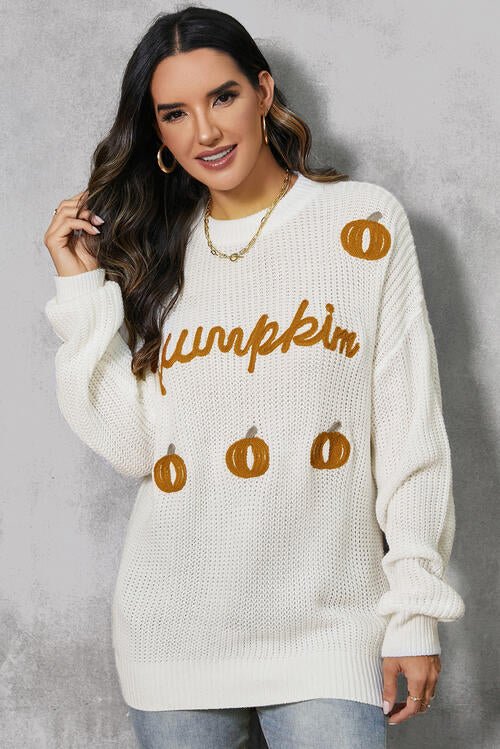 Pumpkin Embroidery Long Sleeve Sweater - Sweater - White - Bella Bourget