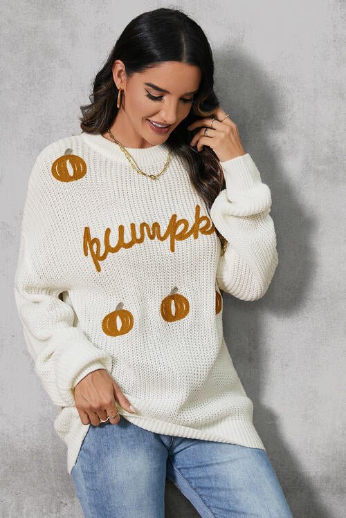 Pumpkin Embroidery Long Sleeve Sweater - Sweater - White - Bella Bourget