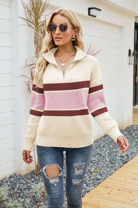 Quarter - Zip Collared Neck Sweater - Sweater - Cream - Bella Bourget