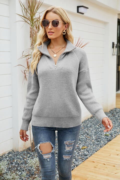 Quarter - Zip Collared Neck Sweater - Sweater - Light Gray - Bella Bourget