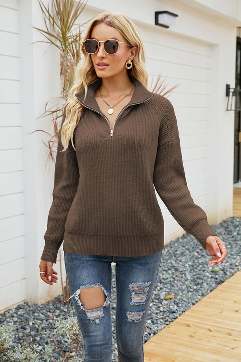 Quarter - Zip Collared Neck Sweater - Sweater - Coffee Brown - Bella Bourget