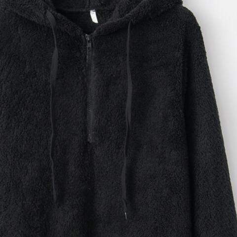 Quarter - Zip Drawstring Teddy Hoodie - Hoodie - Black - Bella Bourget