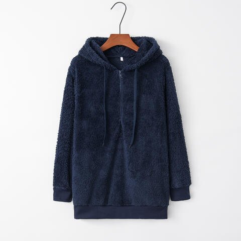 Quarter - Zip Drawstring Teddy Hoodie - Hoodie - Navy - Bella Bourget