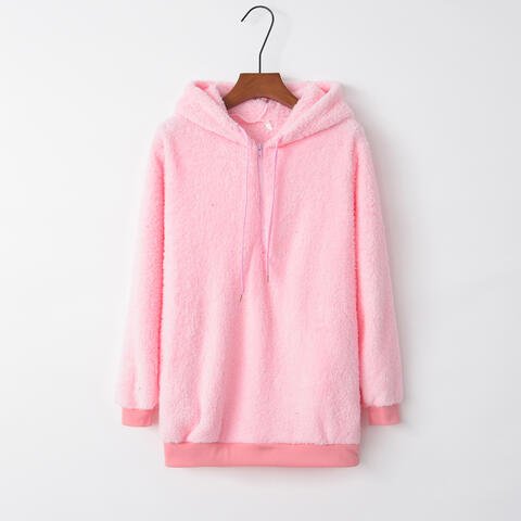 Quarter - Zip Drawstring Teddy Hoodie - Hoodie - Blush Pink - Bella Bourget