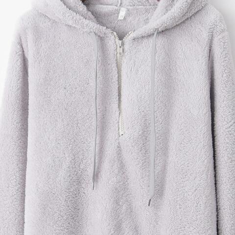 Quarter - Zip Drawstring Teddy Hoodie - Hoodie - Light Gray - Bella Bourget