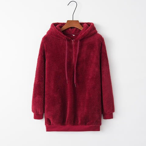 Quarter - Zip Drawstring Teddy Hoodie - Hoodie - Wine - Bella Bourget