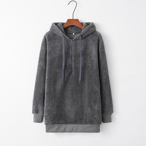 Quarter - Zip Drawstring Teddy Hoodie - Hoodie - Charcoal - Bella Bourget