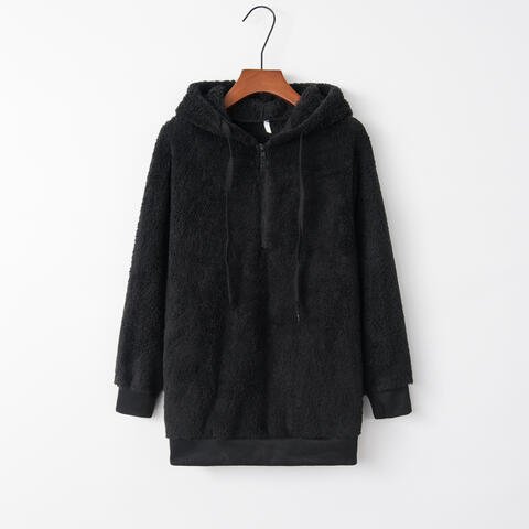 Quarter - Zip Drawstring Teddy Hoodie - Hoodie - Black - Bella Bourget