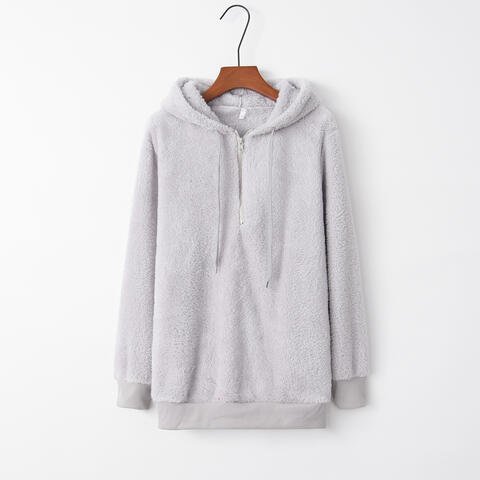 Quarter - Zip Drawstring Teddy Hoodie - Hoodie - Light Gray - Bella Bourget