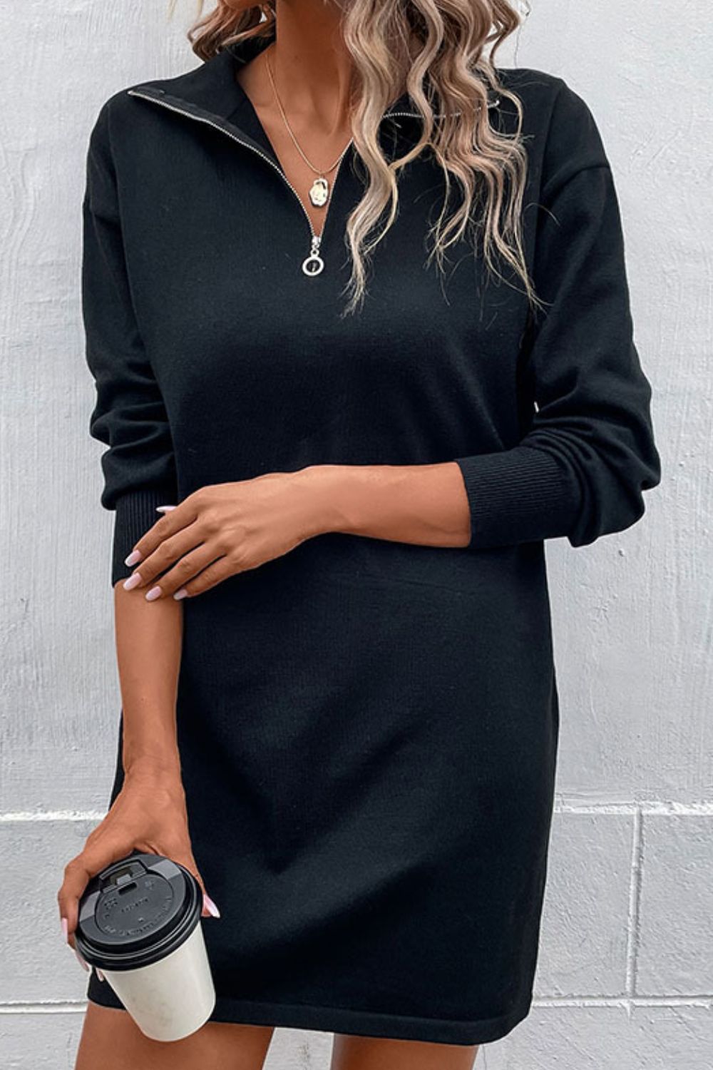 Quarter - Zip Dropped Shoulder Knit Dress - Dress - Black - Bella Bourget