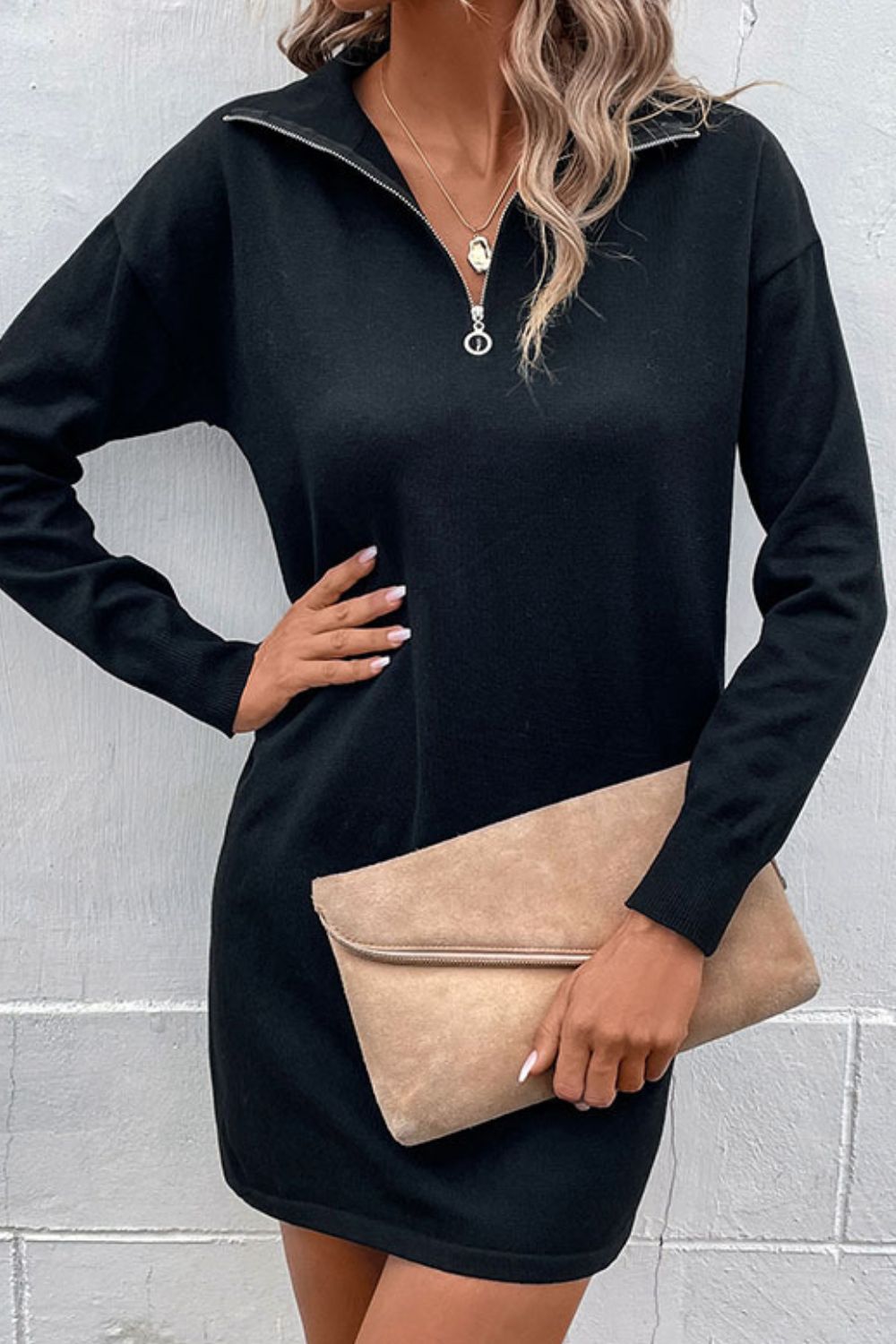 Quarter - Zip Dropped Shoulder Knit Dress - Dress - Black - Bella Bourget