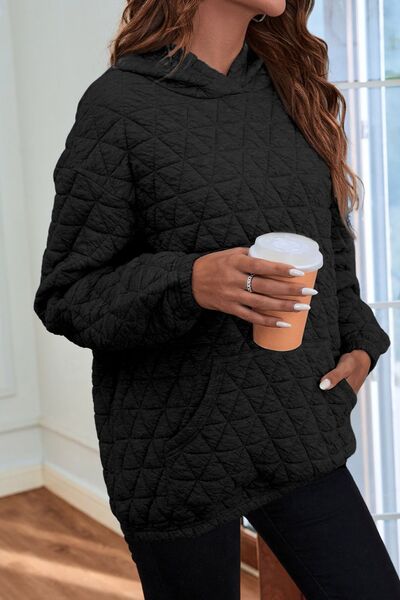 Quilted Long Sleeve Hoodie with Pocket - Hoodie - Khaki - Bella Bourget