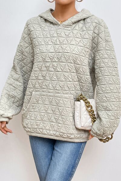 Quilted Long Sleeve Hoodie with Pocket - Hoodie - Light Gray - Bella Bourget