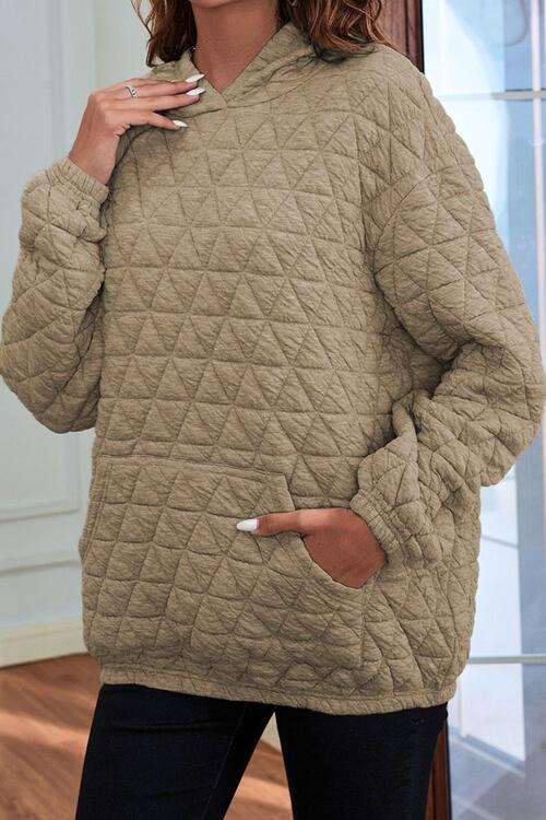 Quilted Long Sleeve Hoodie with Pocket - Hoodie - Khaki - Bella Bourget