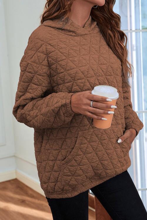 Quilted Long Sleeve Hoodie with Pocket - Hoodie - Chestnut - Bella Bourget