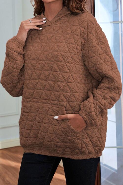 Quilted Long Sleeve Hoodie with Pocket - Hoodie - Chestnut - Bella Bourget