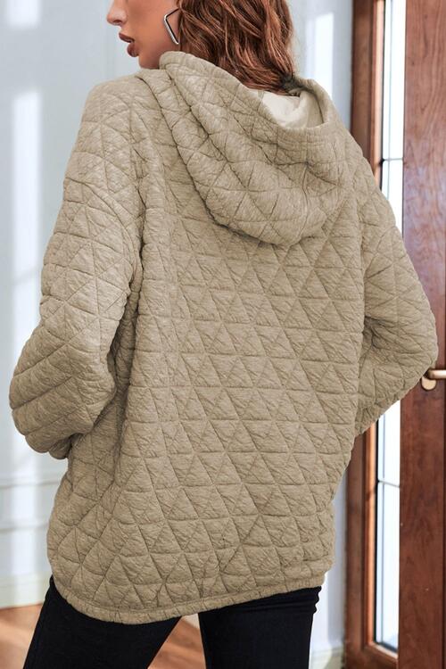 Quilted Long Sleeve Hoodie with Pocket - Hoodie - Khaki - Bella Bourget