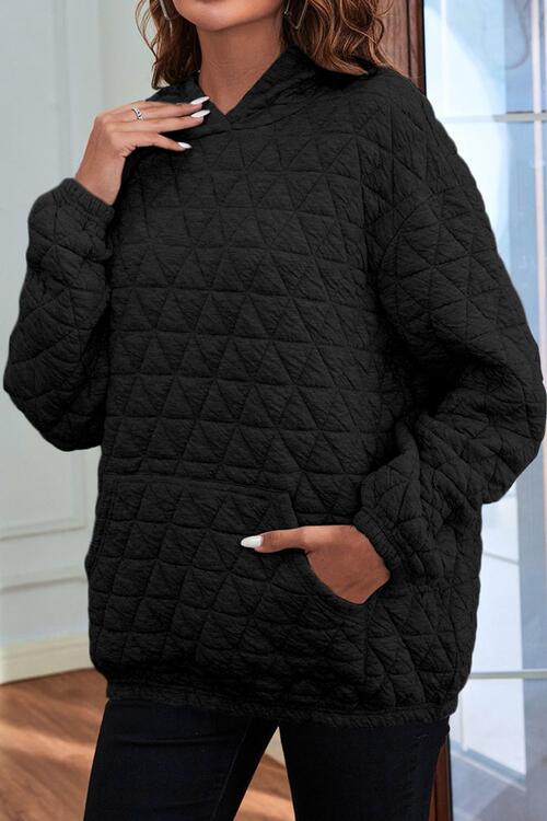 Quilted Long Sleeve Hoodie with Pocket - Hoodie - Khaki - Bella Bourget