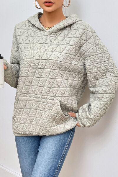 Quilted Long Sleeve Hoodie with Pocket - Hoodie - Light Gray - Bella Bourget