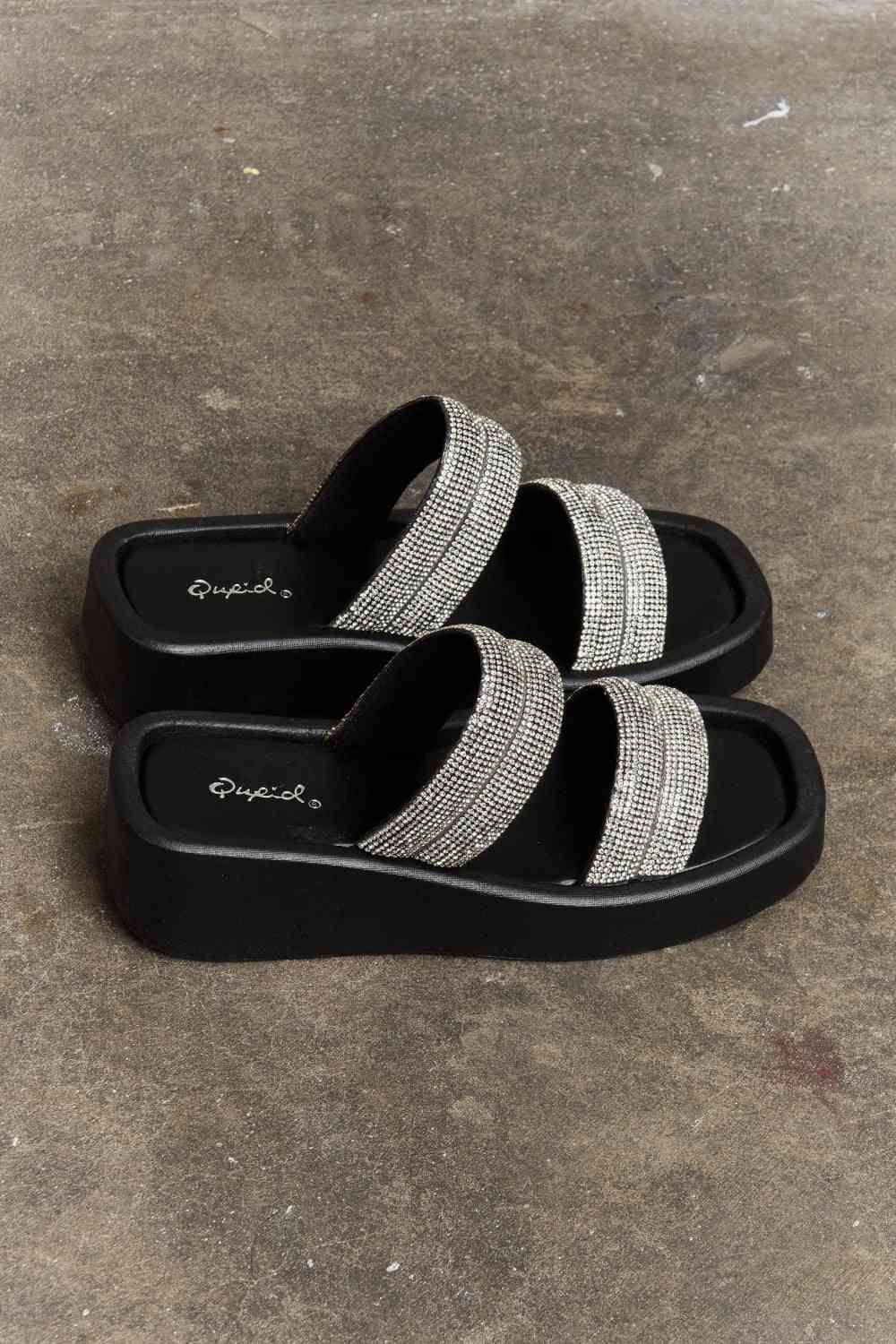 Qupid Bright Mind Platform Wedge Rhinestone Sandal - shoes - Black - Bella Bourget