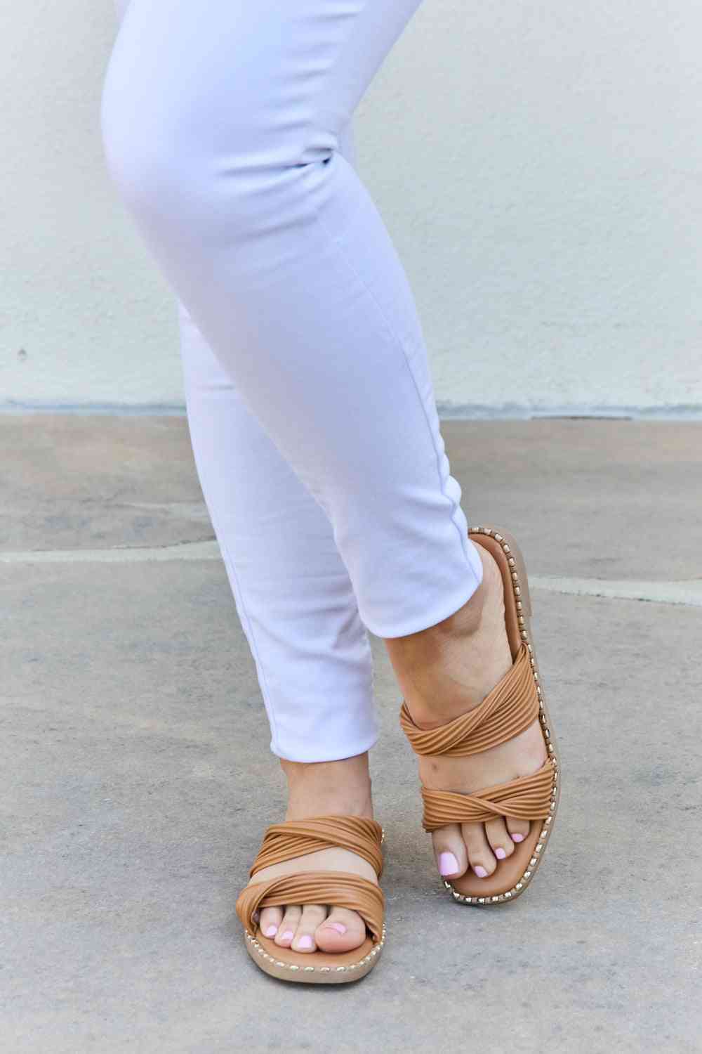 Qupid Summertime Fine Double Strap Twist Sandals - shoes - Camel - Bella Bourget