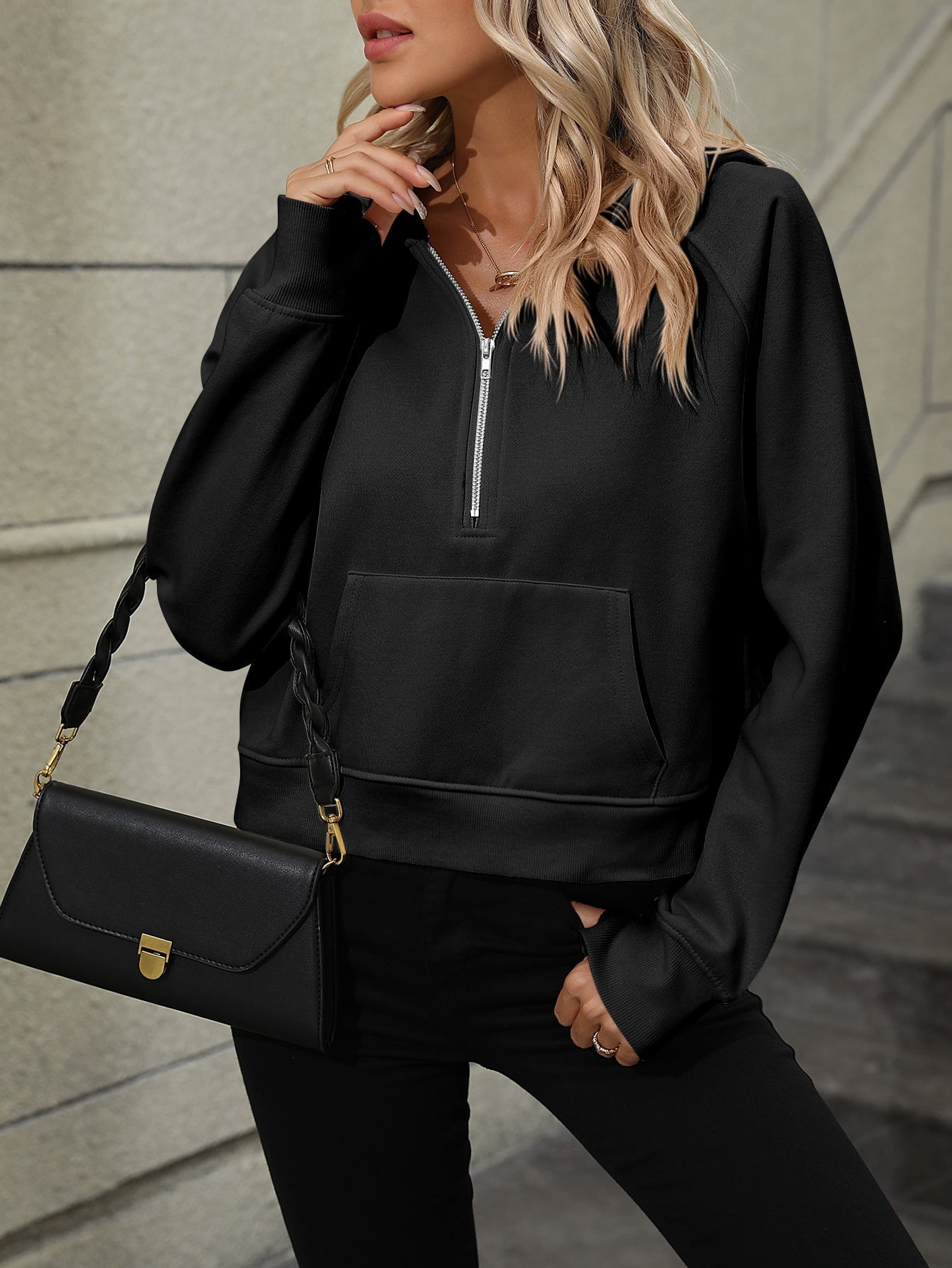 Raglan Sleeve Zip - Up Hoodie with Pocket - Hoodie - Black - Bella Bourget