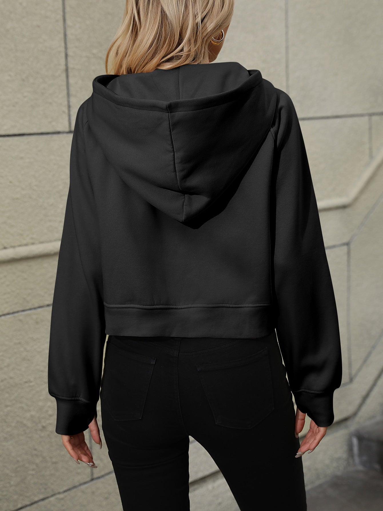 Raglan Sleeve Zip - Up Hoodie with Pocket - Hoodie - Black - Bella Bourget