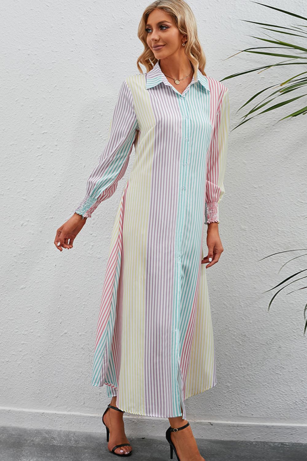 Rainbow Stripe Button - Up Maxi Shirt Dress - Dress - Stripe - Bella Bourget