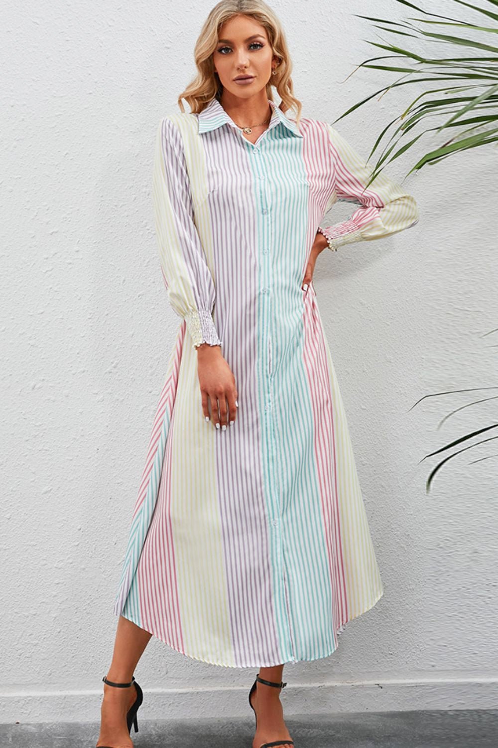 Rainbow Stripe Button - Up Maxi Shirt Dress - Dress - Stripe - Bella Bourget