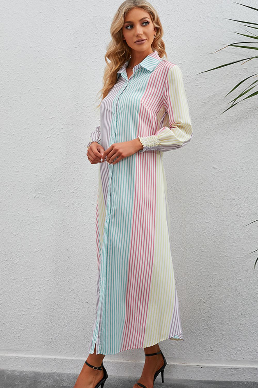 Rainbow Stripe Button - Up Maxi Shirt Dress - Dress - Stripe - Bella Bourget