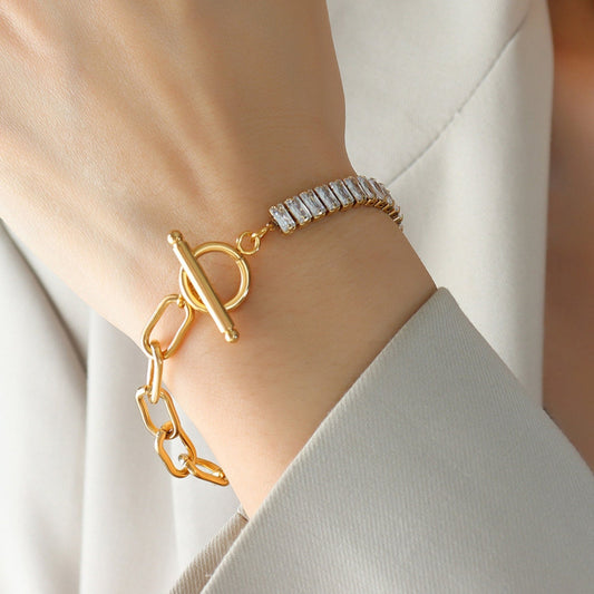 Rectangle Cubic and 18K Gold - Plated Chain Bracelet - Bracelets - Gold - Bella Bourget