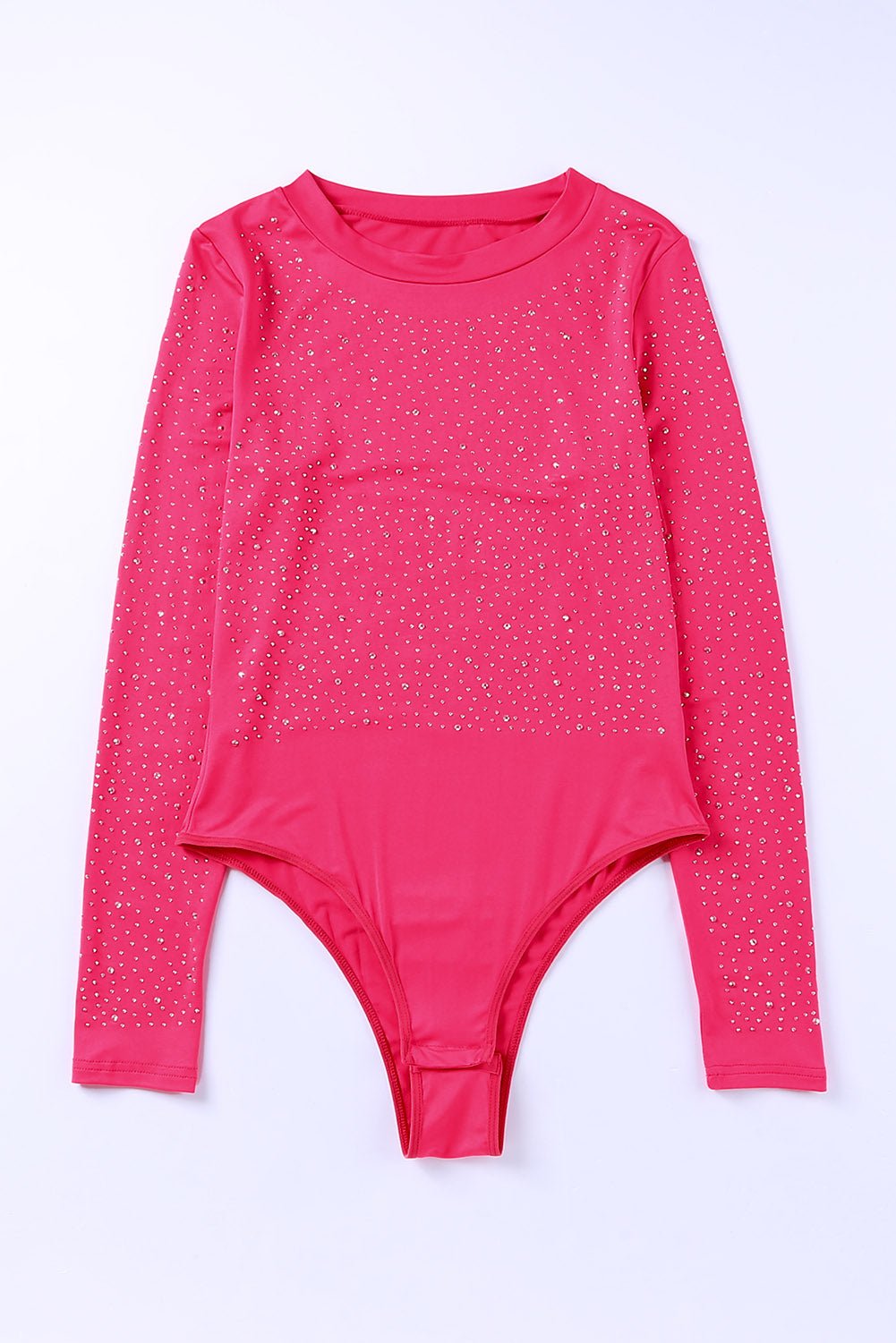 Rhinestone Round Neck Long Sleeve Bodysuit - Bodysuit - Deep Rose - Bella Bourget