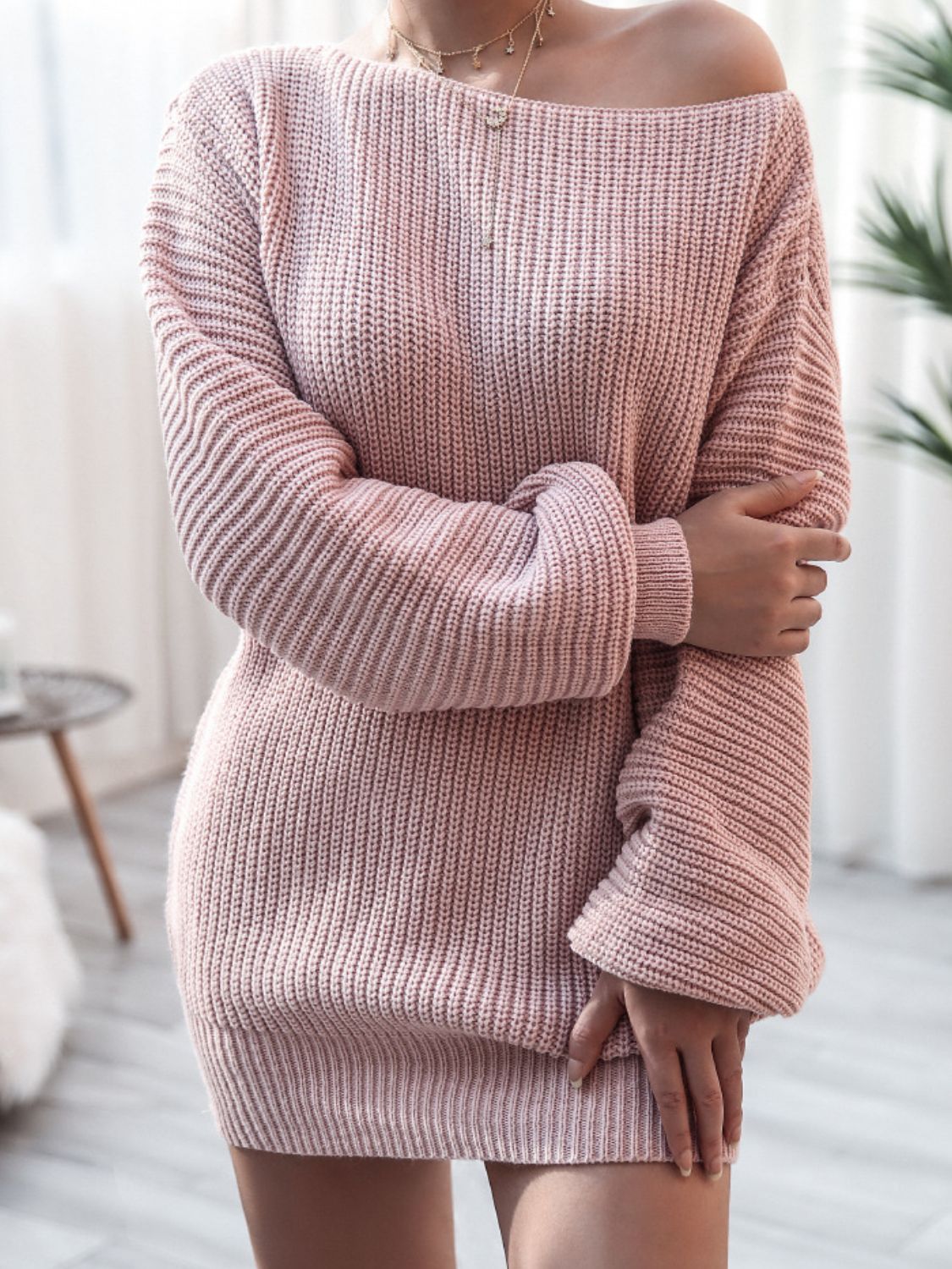 Rib - Knit Balloon Sleeve Boat Neck Sweater Dress - Dress - Mauve - Bella Bourget