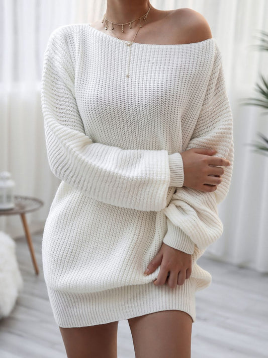 Rib - Knit Balloon Sleeve Boat Neck Sweater Dress - Dress - White - Bella Bourget