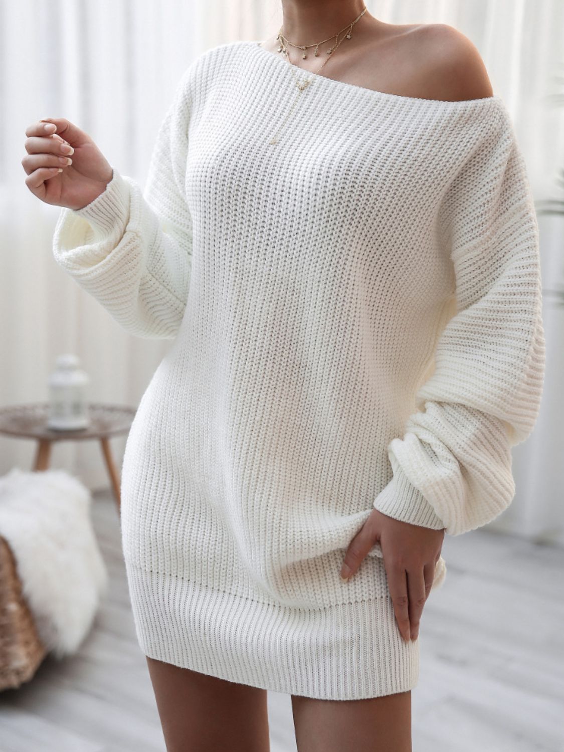 Rib - Knit Balloon Sleeve Boat Neck Sweater Dress - Dress - White - Bella Bourget